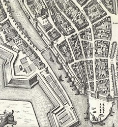 <p>Noordereiland met Kraanbolwerk zoals rond 1650 weergegeven in de stedenatlas van Ioan Blaeu. Het westelijke deel van de Thorbeckegracht en het Kraanbolwerk zijn dan nog onbebouwd. </p>
